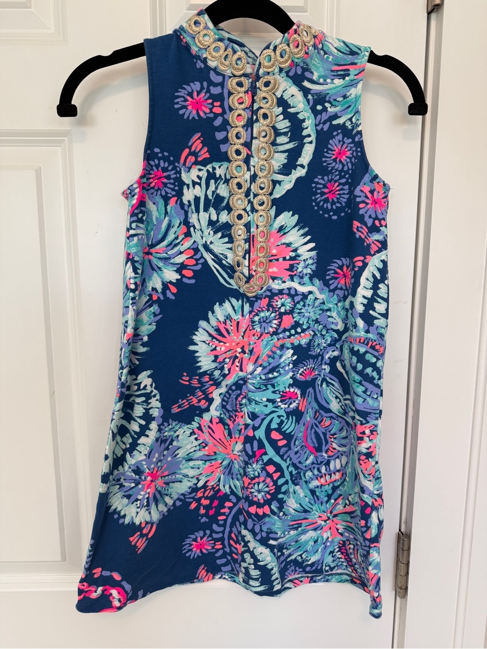 Girls Navy Floral Sleeveless Dress with Embellished Neck